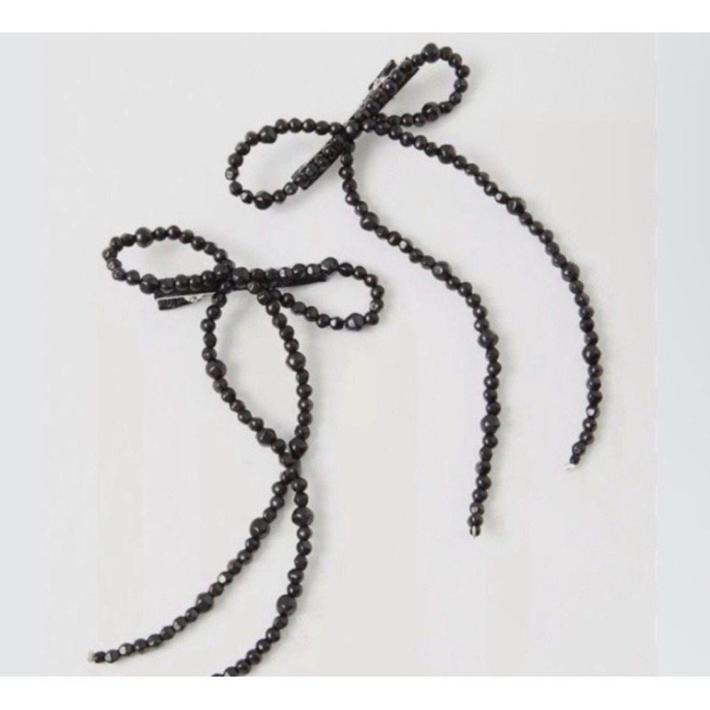 Free People Beaded Bow Hair Clips Women OS Black New Trailing Ribbon Aesthetic